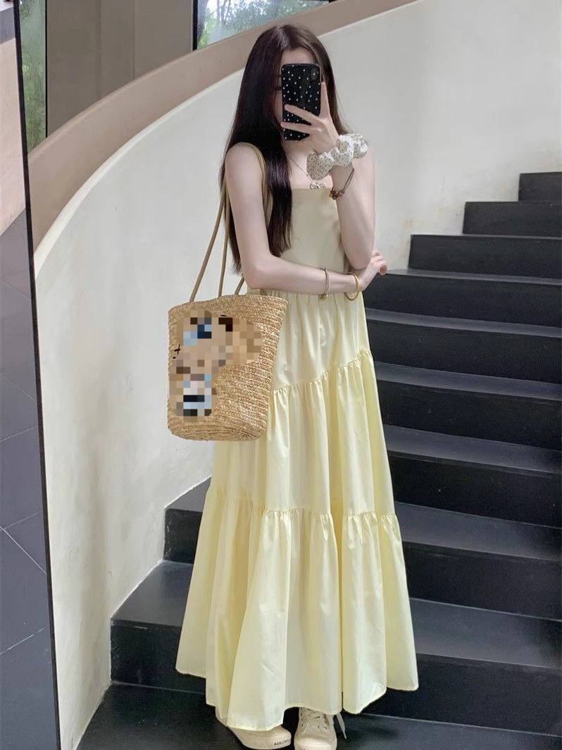 Inner Lining + Zipper, Gentle Forest Style, Super Fairy-Like Yellow Strapless Sleeveless Dress, Summer Waist-Cinching Long Dress