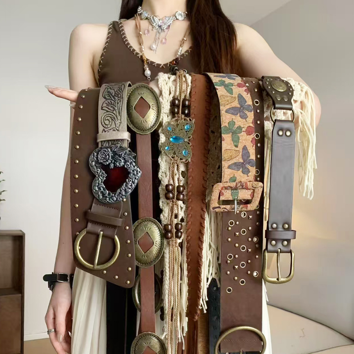 Vintage American Style Western Style Wide Belt Women's Bohemian Heavy Industry Jeans with Niche Distinctive Belt