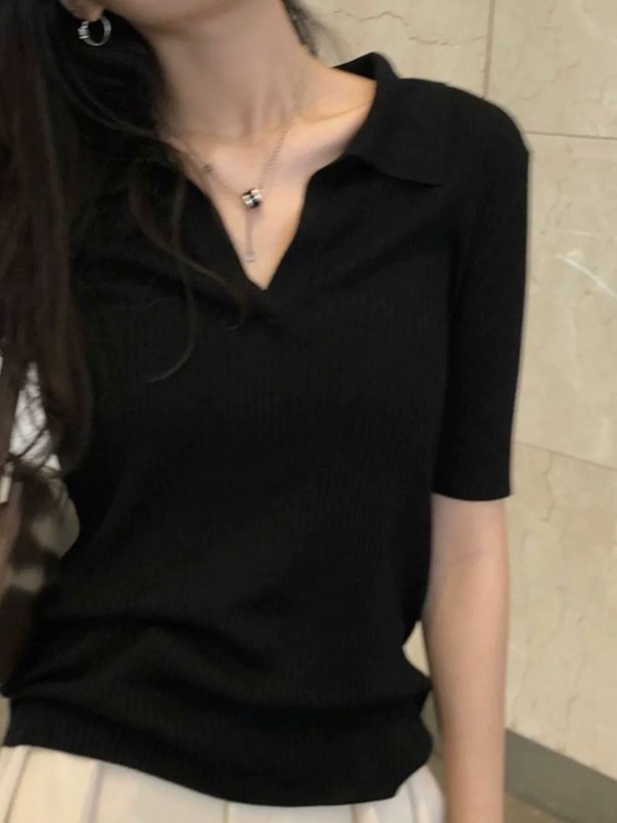 French Polo Shirt Lapel Knitted Top for Women 2025 Summer Short-Sleeved Fashion Ice Silk Thin Sexy Top