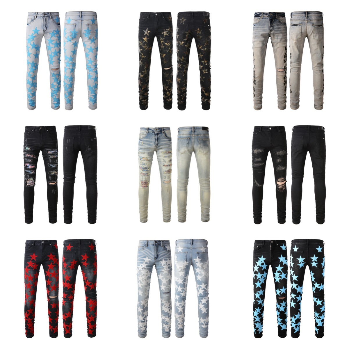fashion brand TR AMIRI heavy craft washing hole men's high quality leather pencil jeans