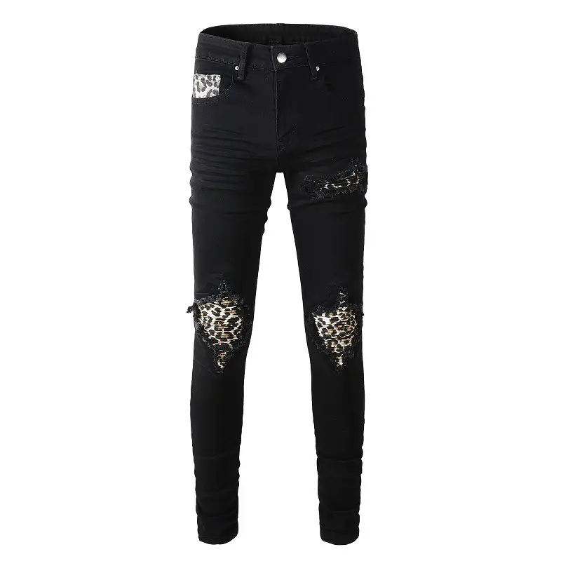Xintang Denim Capital Men's American High Street Jeans Slim Fit Black Ripped Leopard Patch Trendy Brand Men's Clothing