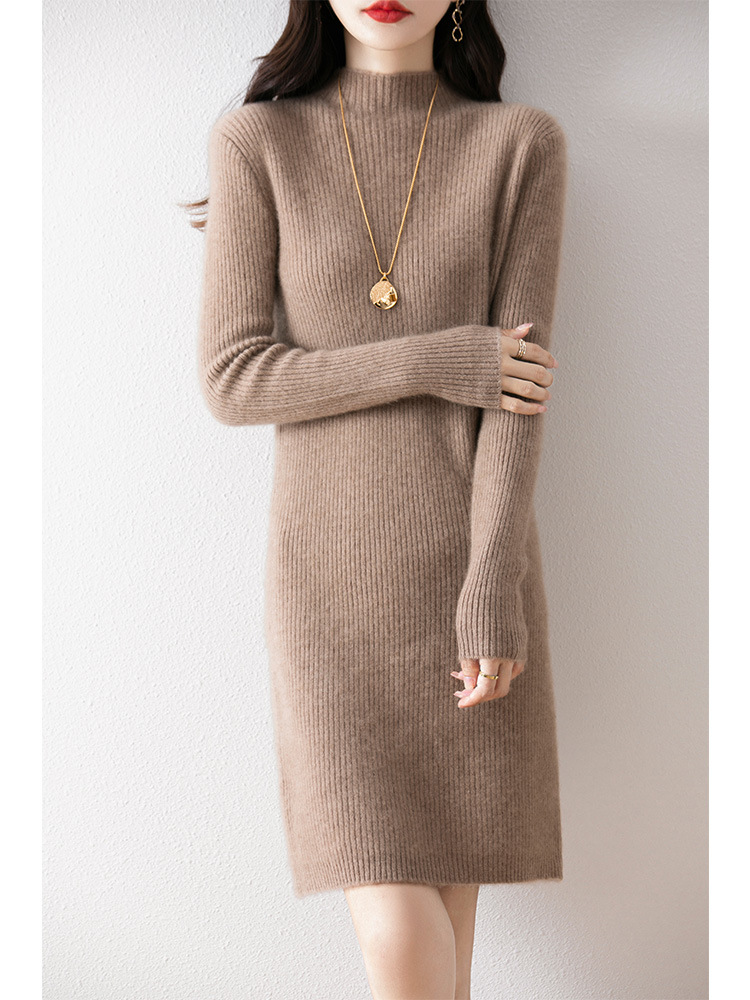 Small Pure Wool dress Women's Mid-Length Half-High Collar Hip Skirt Knitted Base Cashmere Sweater One-Step Skirt