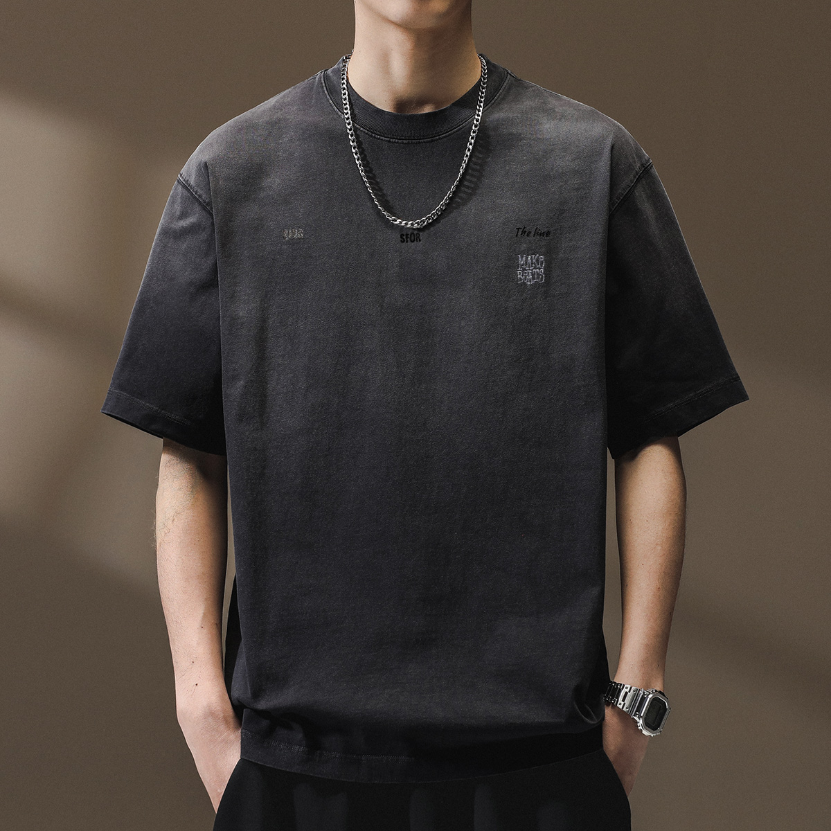 280g Heavyweight Gradient Retro Washed Short-Sleeved T-Shirt Men's Trendy Pure Cotton Men's Summer American Loose Top