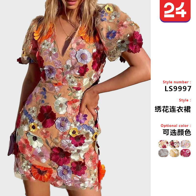 INS new V-neck three-dimensional flower sheath lantern sleeve dress sexy embroidered dress