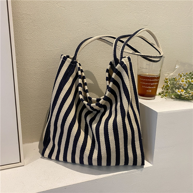 Korean style retro artistic handbag simple fresh striped shoulder bag casual fashion large capacity shopping bag
