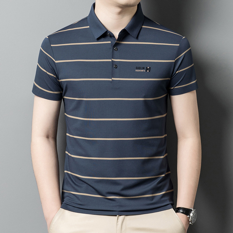 Summer men's new short sleeve T-shirt casual fashion lapel ice silk stripes thin Polo men's wholesale