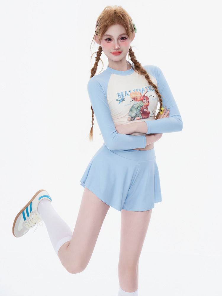 Source Factory Girls' Vacation Swimsuit, Women's Long-Sleeved Sporty Style 2026 Two-Piece Slimming, Complexion-Enhancing, Photogenic Swimwear