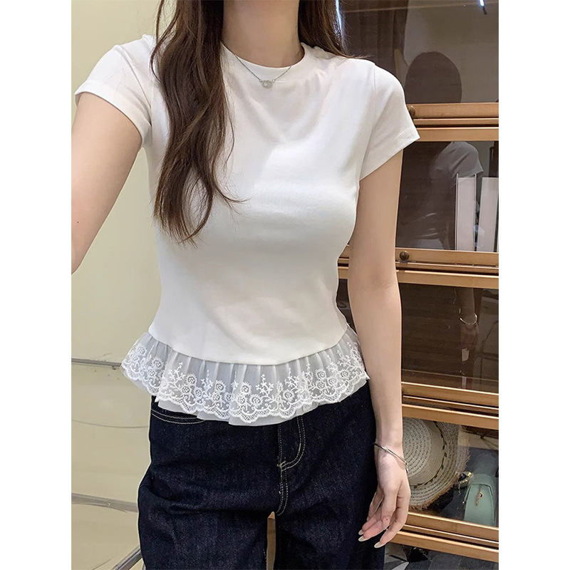 Ballet Style Lace Round Neck Short-Sleeved T-Shirt for Women 2025 Summer Pure Desire Inner Layering Bottoming Shirt Top