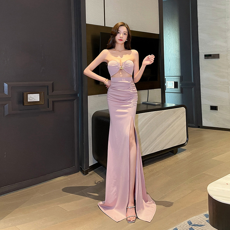 Sexy Strapless Hip Slip Mop Dress Pink Dress Birthday Party Evening Dress Host Annual Meeting Dress