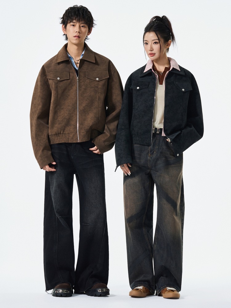 American Retro Distressed Jacket for Men, Trendy and Stylish Design, Niche Couple Fashion, Loose Fit, Turn-Down Collar Leather Jacket