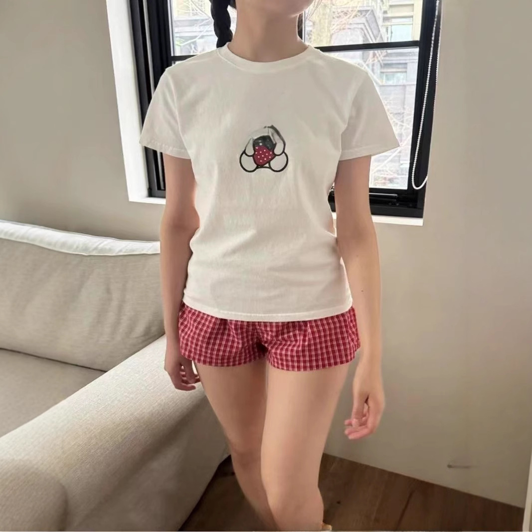 Brandy BM New American Round Neck Cartoon Printed Short-sleeved T-shirt Women's BM Sweet Slim All-match Shoulder Top