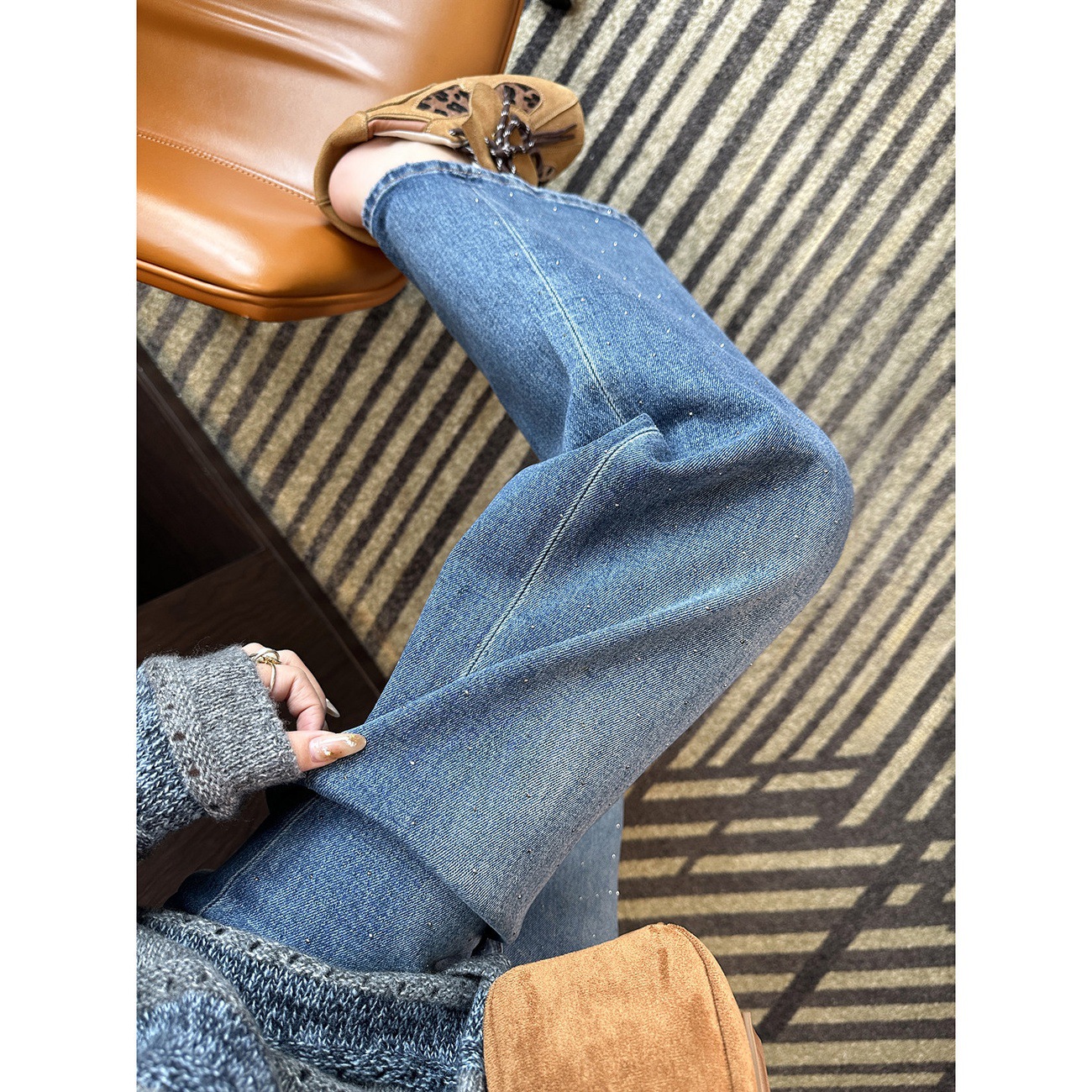 Highly Attractive!~ Stylish Ripped Jeans with Rhinestones, Women's New Spring Loose Wide-Leg Flared Pants