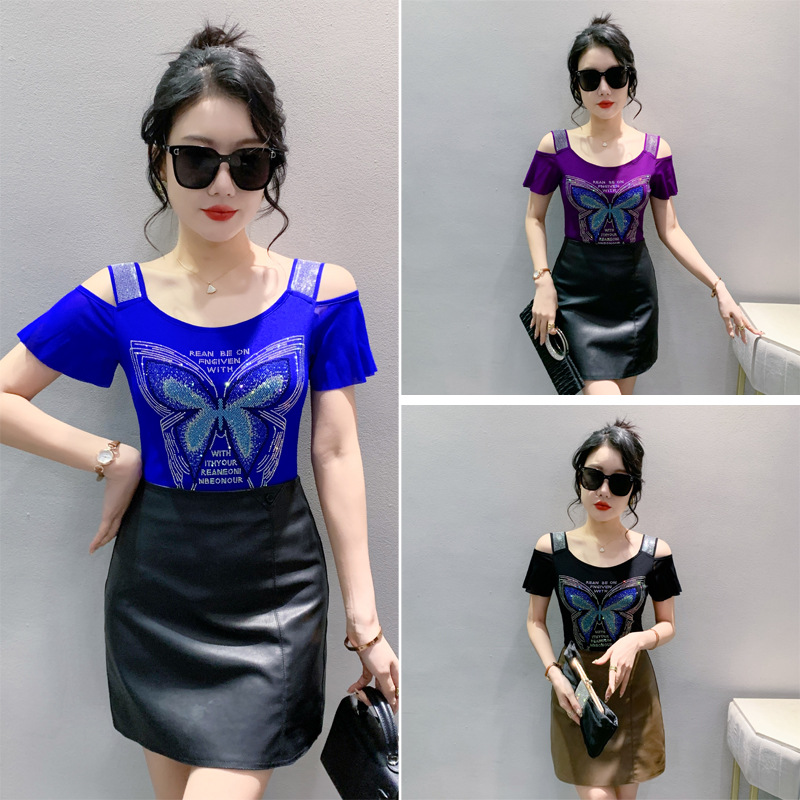Women's Shoulder Mesh Top Summer European Fashion Hot Drilling Short-sleeved Stylish Slim-fit Sexy Shoulder T-shirt Small Shirt
