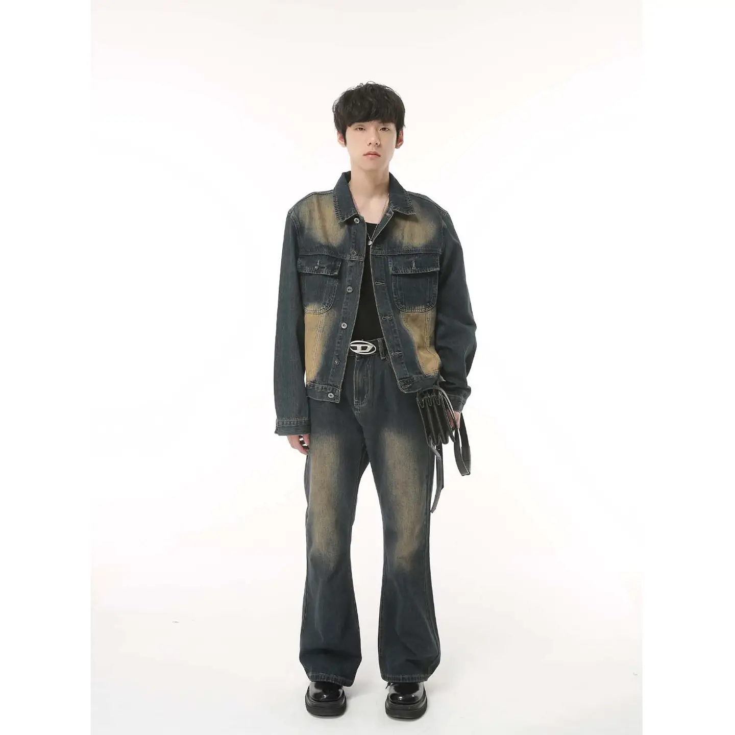MTLCLOTHES男装| 2023新品韩版休闲宽松中高腰微喇牛仔夹克套装