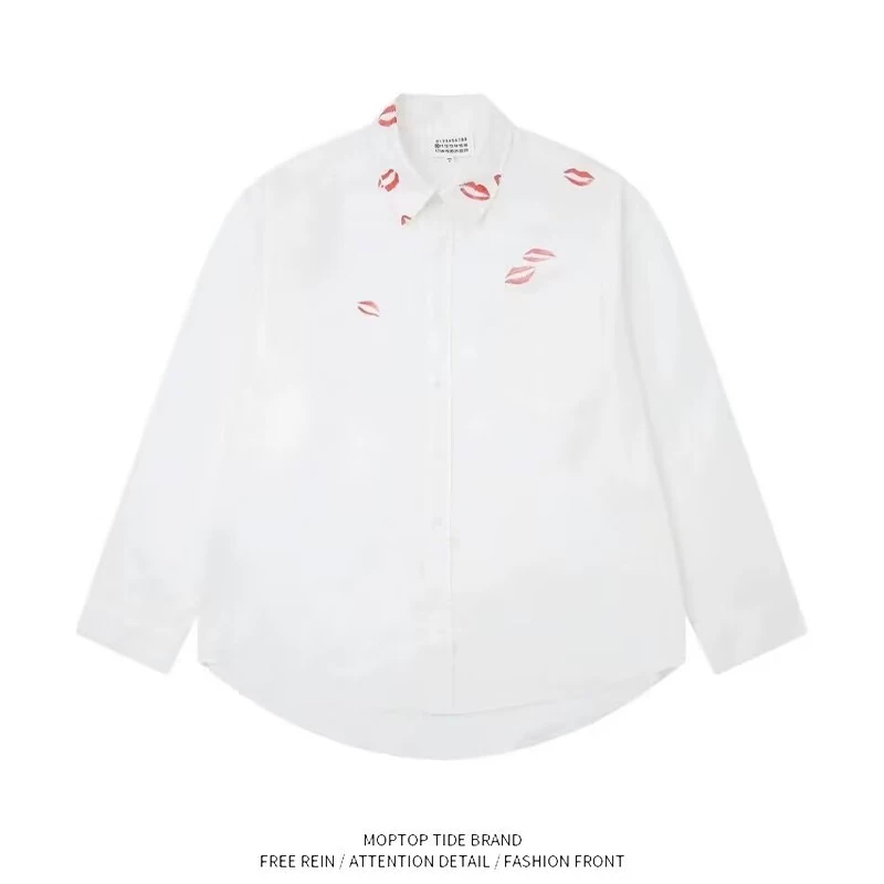 Mr. Wh's 24 Spring and Summer New Creative Lip Print White Long-Sleeved Shirt Casual Couple Trend