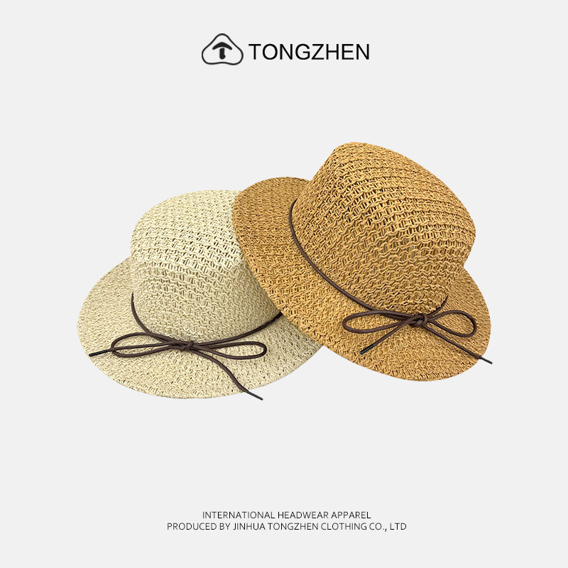 French-Style Flat-Top Straw Hat for Women, Summer Wide-Brim Sun Protection Hat, Makes the Face Look Smaller, Elegant and Versatile, with a Bow Tie Bucket Hat