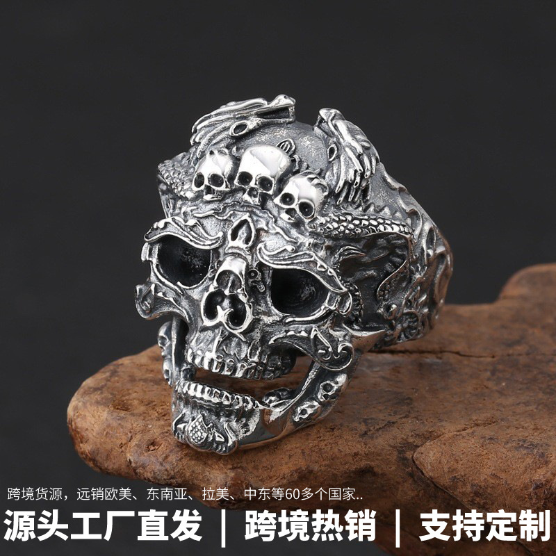 Retro Thai Silver Exaggerated Domineering Skull Finger Ring Hip Hop Fashion Halloween Men's Opening Adjustment Ring Personality