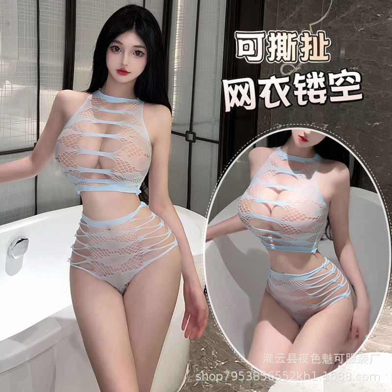 Women's Sexy Lingerie, See-Through Hollow-Out Tearable Plus-Size Bodycon Passion Outfit, No Need to Take Off, Lingerie Set 8888