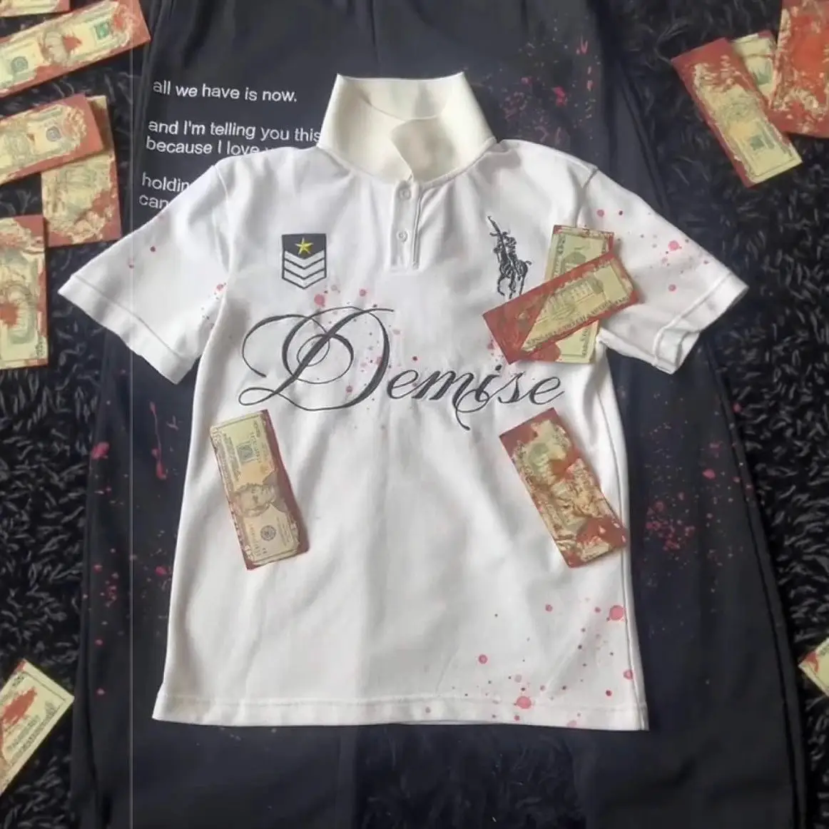 Y2K Short-Sleeve Polo Shirt with Printed Pattern - Dark Gothic Vintage Summer Streetwear Top
