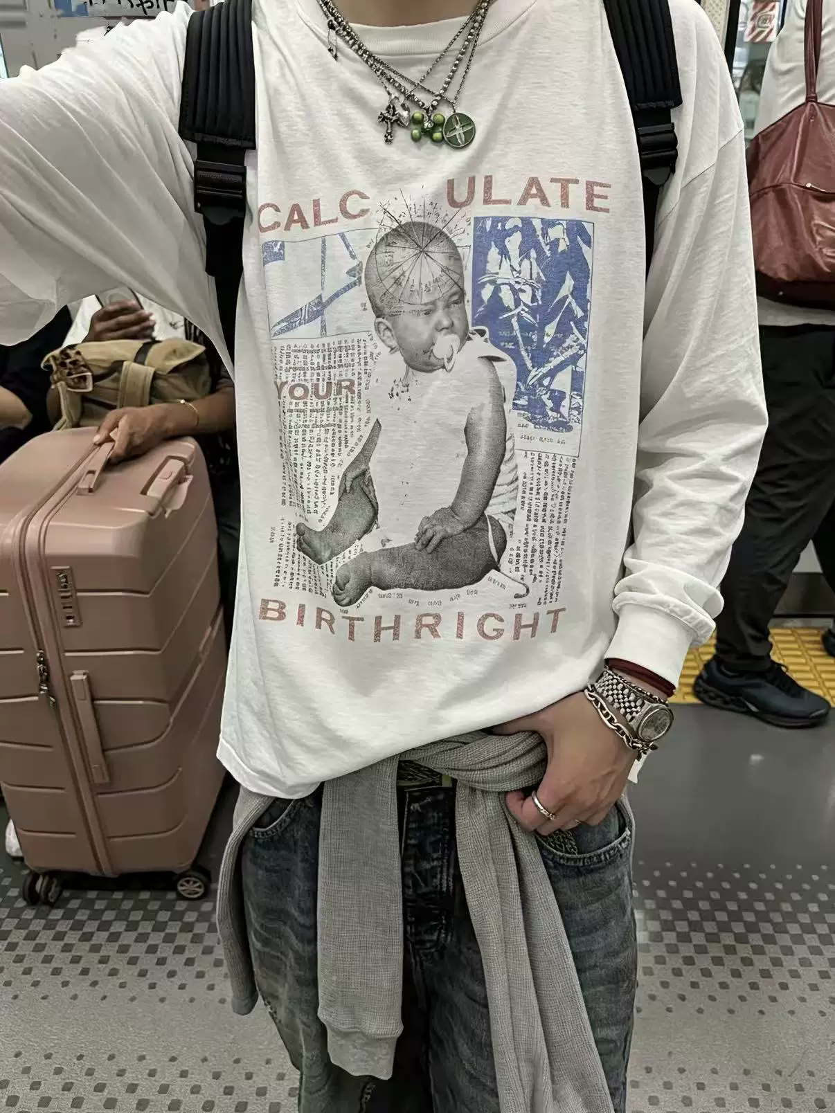 Erd25Fw'Calculating Birthday' Baby Portrait Illustration Washed Art Long Sleeve T-Shirt Melancholy Rich Second Generation