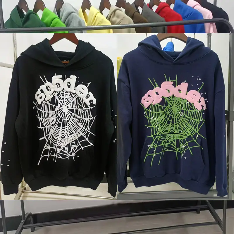 Foreign trade original blockbuster 450G cake velvet padded vests foam print spider web hoodie Sp5der hoodies