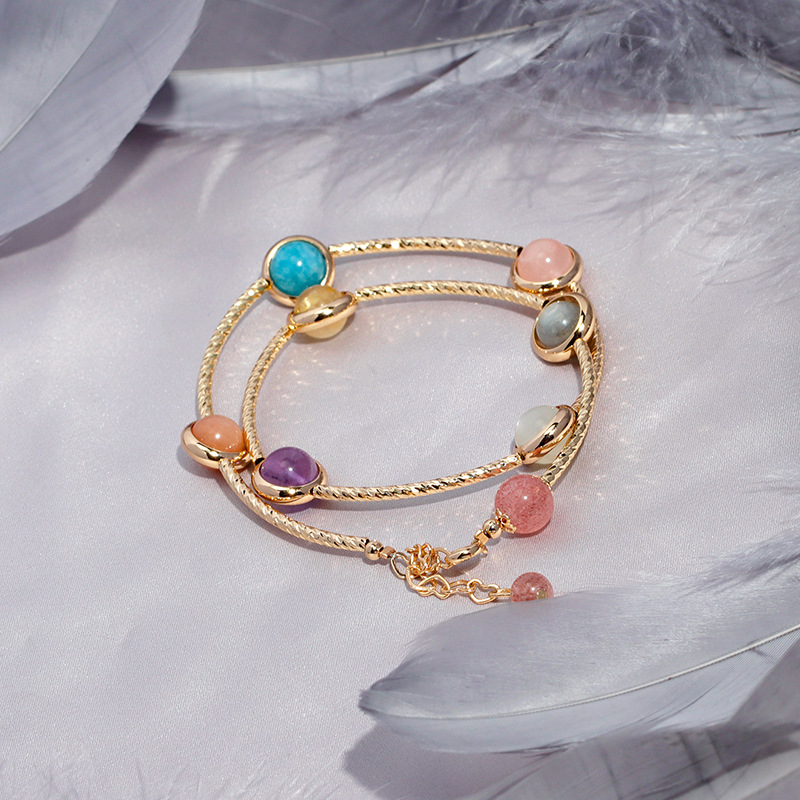 Rainbow Bubble Strawberry Crystal Moonstone Transfer Peach Blossom 14K Gold-Filled Double Layer Bracelet Gift Crystal