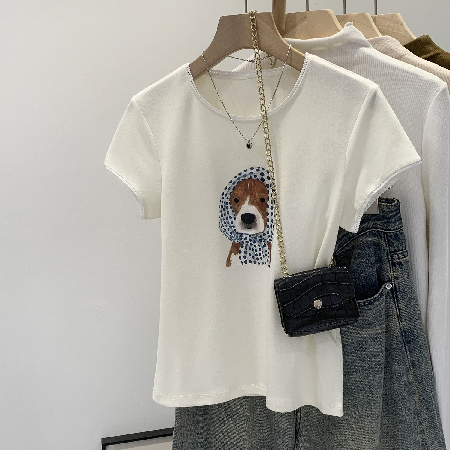 Super Cute and Adorable Puppy Print Round Neck Short Sleeve T-Shirt 2025 Summer New Niche Non-Repeating Top