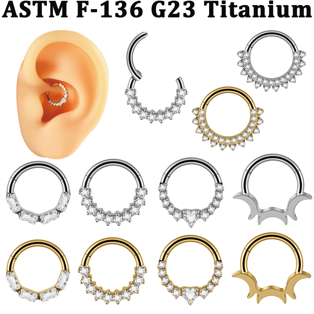 Cross-Border Titanium Alloy Zircon-Inlaid Heart-Shaped Round Nose Stud, Smooth Moon Nose Ring, Closed Ring Ear Stud, Ear Cartilage Piercing