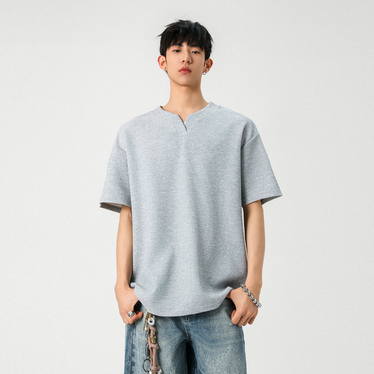 Henley Collar Waffle Short-Sleeve T-Shirt for Men and Teenagers, 2026 Summer Loose Trendy Cool Casual Short-Sleeve T-Shirt for Men