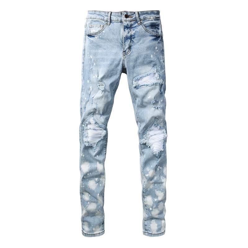 New American-Style Ripped Snowflake Spot Jeans for Men, Slim Fit, Stretchy, European and American Fashion High Street Jeans for Men