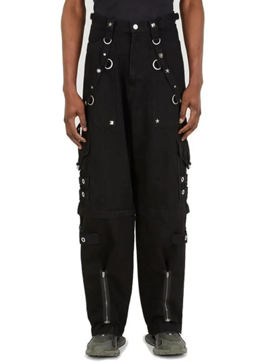 (Pre-Release) Rave Distressed Washed Punk Style Suspenders Metal Heavy-Duty Wide-Leg Yagami Jeans Trendy High Street Brand