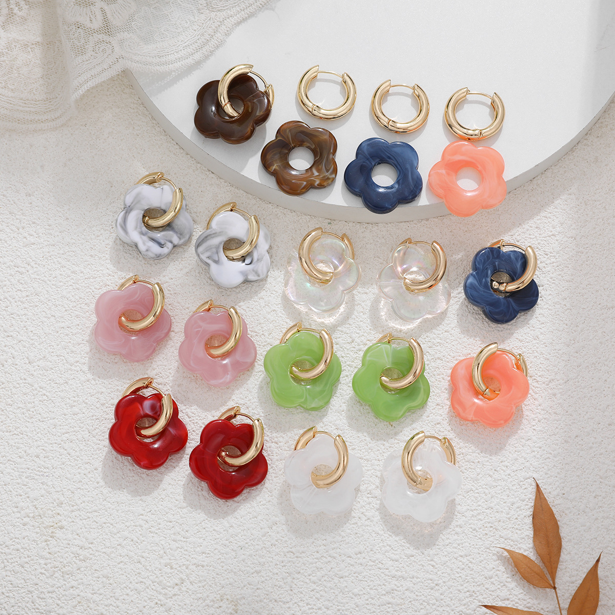 European and American Cross-Border Stainless Steel 18K Gold Colorful Flower Acrylic Earrings Round Earrings Cute Aliexpress Earrings