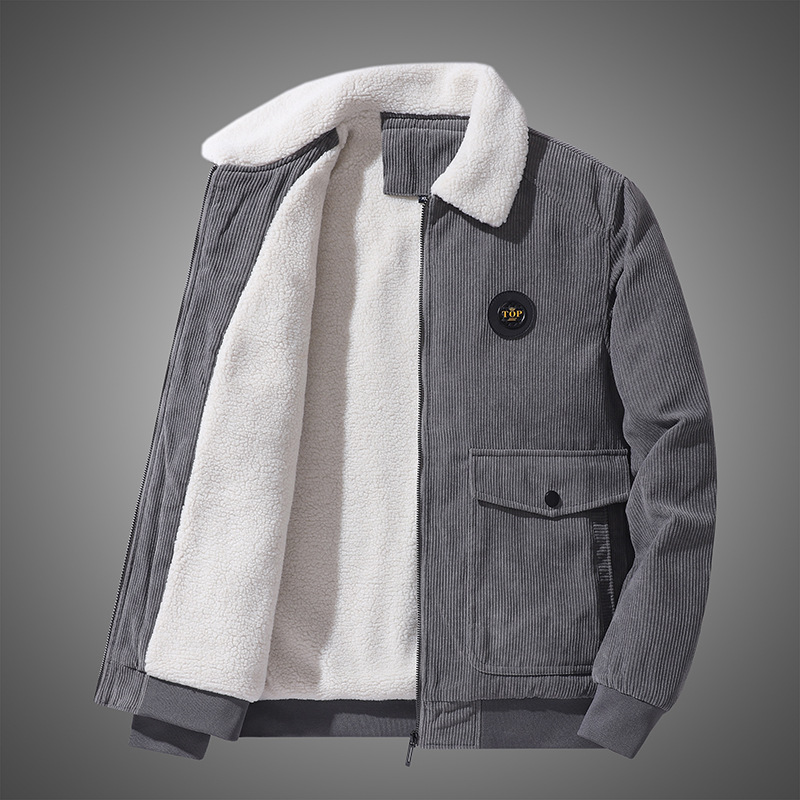 Corduroy Jacket Men's Autumn and Winter Velvet Thickened Casual Lapel Jacket Green Middle-aged Lamb Velvet Warm Winter Clothing