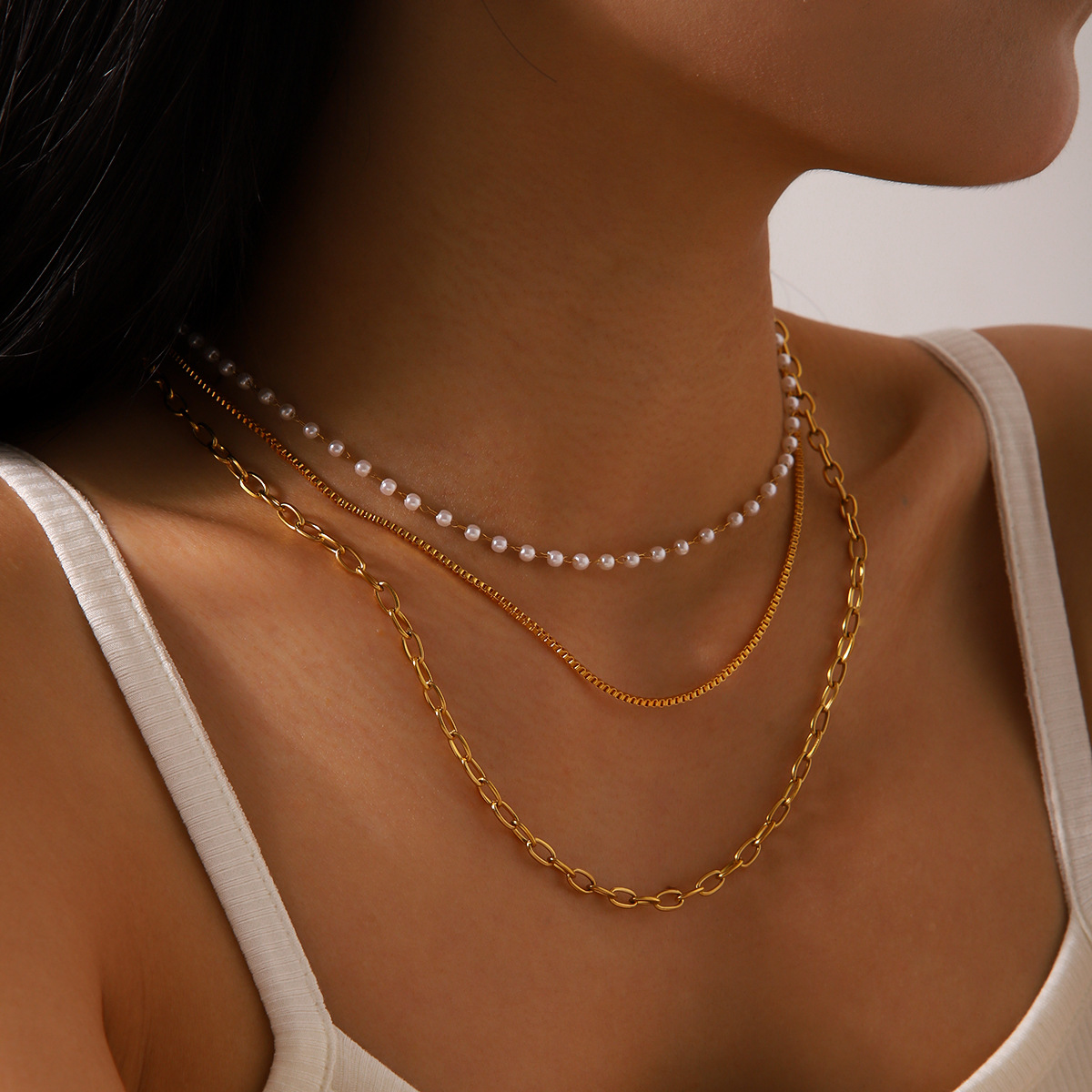 Cross-border Europe and the United States INS Internet Red Necklace 18K Gold Stainless Steel Three-layer Necklace Pearl Clavicle Chain Women's High-grade Necklace