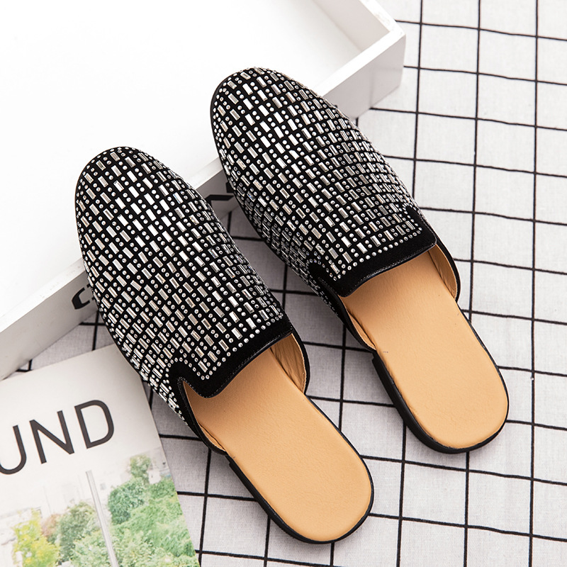 Cross-Border Summer Rhinestone Slip-On Half-Slip Leather Shoes, British Style Formal Casual Shoes, Slip-On Loafers, Closed-Toe Men's Shoes