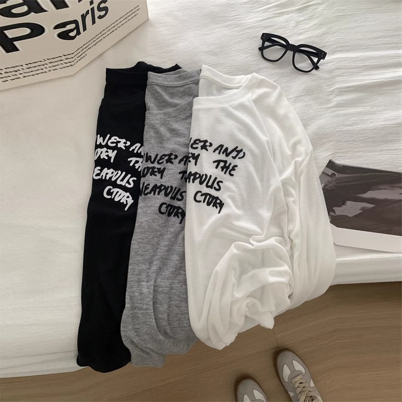 American Retro Long-Sleeved Sun Protection Blouse for Women in Summer Korean Style Loose Outer Thin Slightly See-Through Air-Conditioned Top T-Shirt Trendy