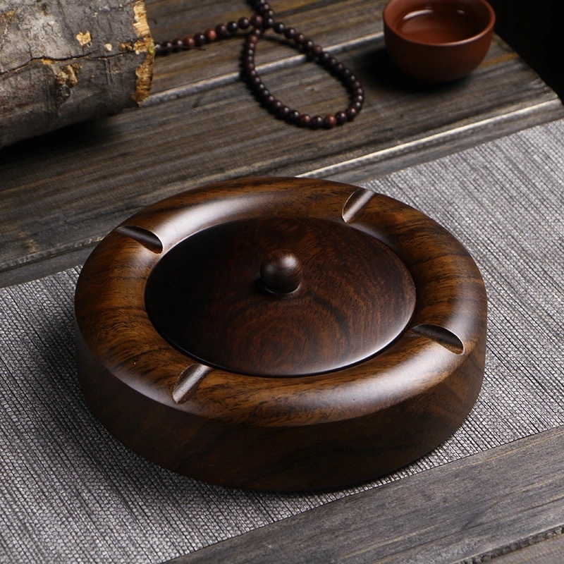 Ebony Solid Wood Ashtray with Lid Large Creative Distinctive Chinese Style Home Office Ashtray Vintage Simple Wooden