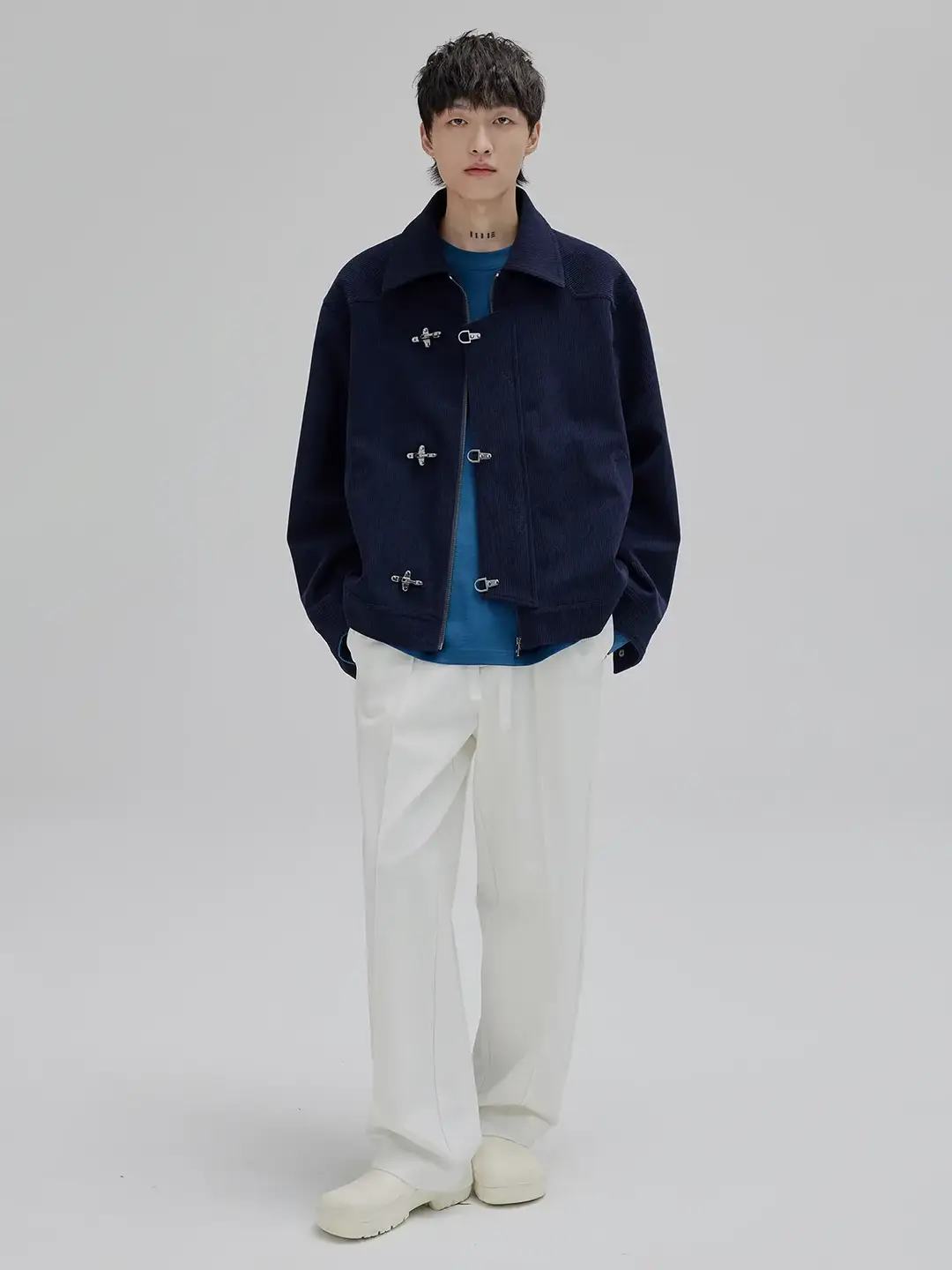 【Nans】 Retro Imitation Corduroy Double-Layer Placket Shoulder Shape Split Aircraft Buckle Opening and Closing Square Collar Short jacket