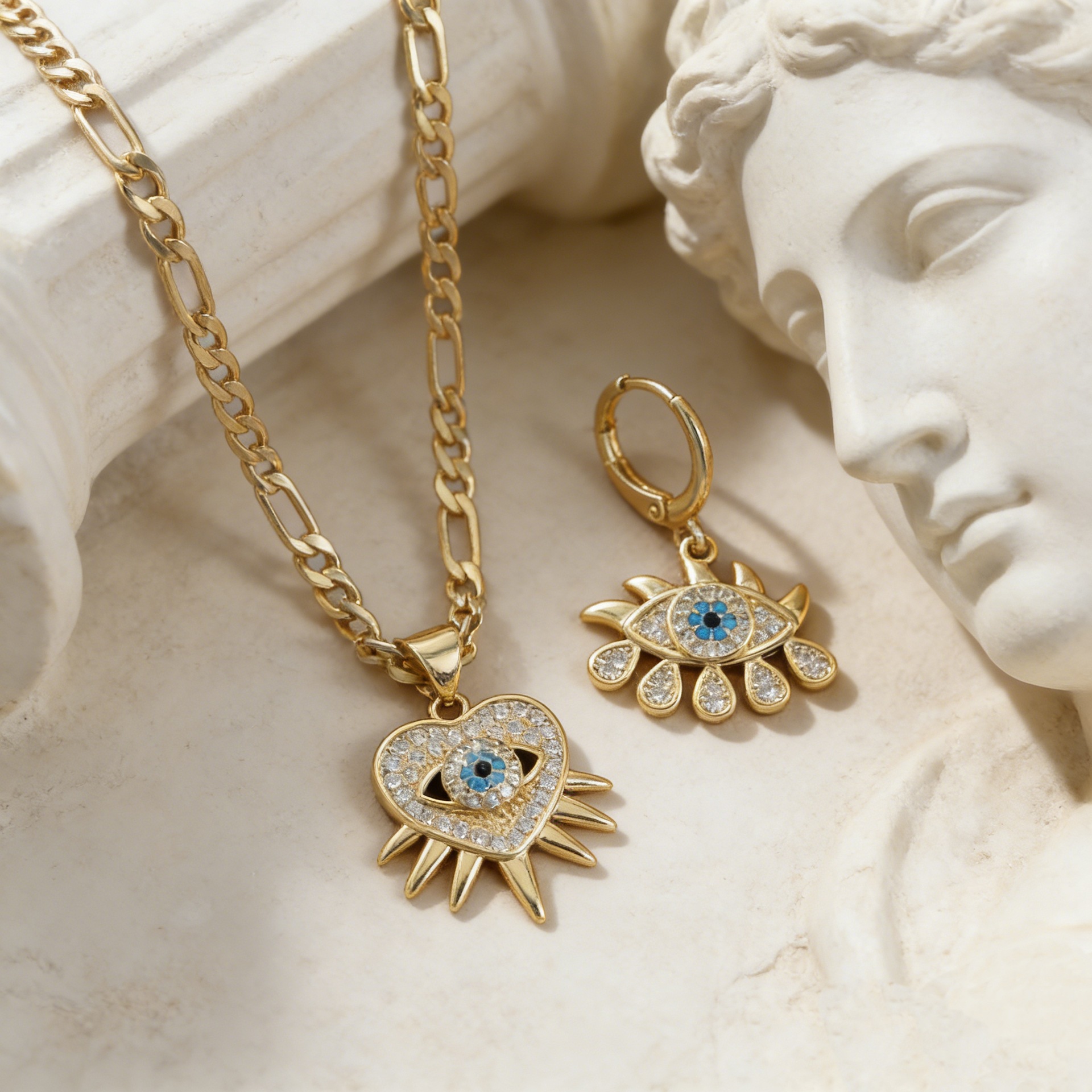 Cross-Border European and American Ins Style Copper Gold-Plated Zircon Devil's Eye Irregular Geometric Pendant Necklace Jewelry Set