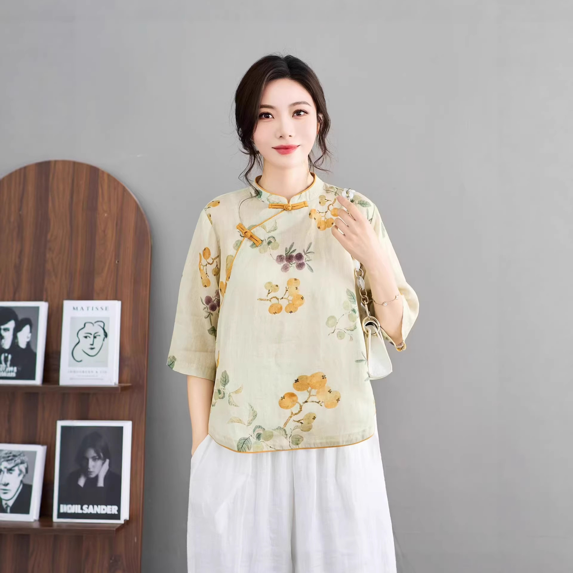 Stand Collar Diagonal Placket Chinese Style Ramie Top for Women 2026 Summer New Zen-Inspired Tea Wear Mid-Length Shirt Linen Robe