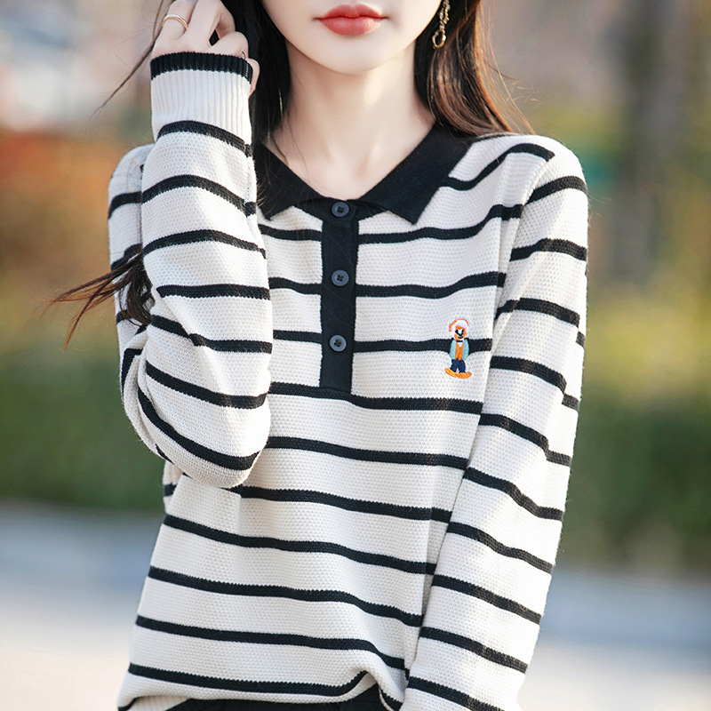 2025 Spring and Summer New Arrival Worsted Wool POLO Collar Knitted Sweater Embroidered Lamb Color Split Striped Base Shirt Top