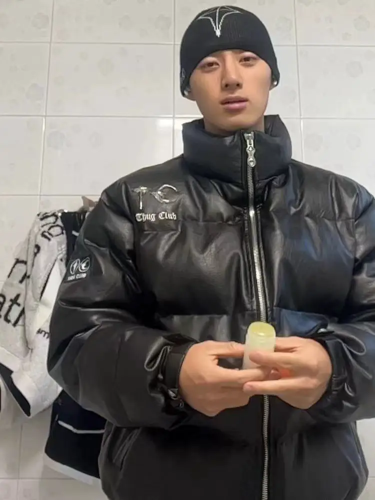 [Original] Tc 25Ss Dark Style Functional Windbreaker Embroidered Letters Star and Moon Metal Pu Leather Cotton Jacket Puffer Jacket