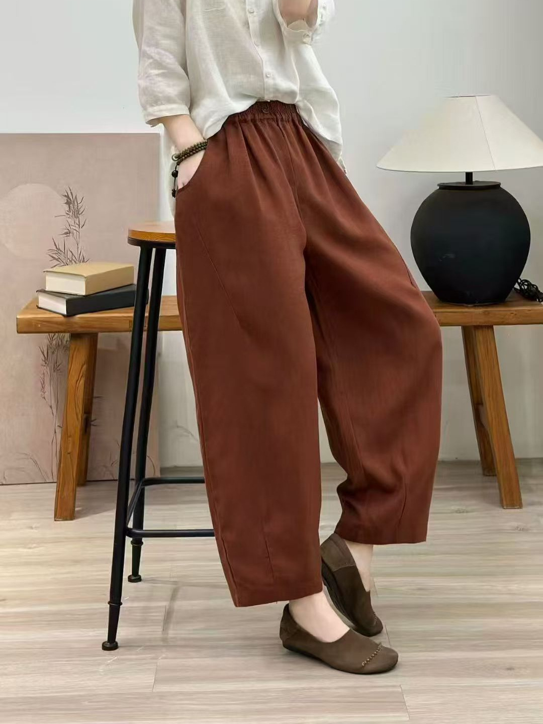 2026 Spring Casual Pants for Women, Linen Harem Pants, Cropped Pants, Elastic Waist Pants, Korean Style Skin-Friendly Pants
