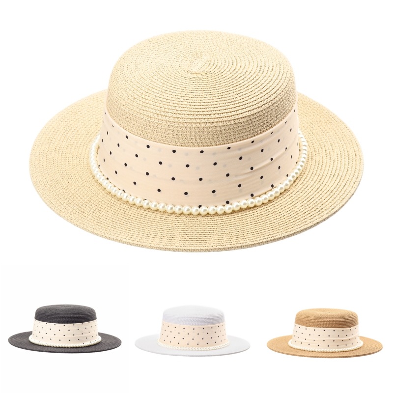 Women's Straw Hat with Polka Dots and Pearls, Fashionable Flat-Top Hat for Spring and Summer, Versatile Sun Protection Beach Hat