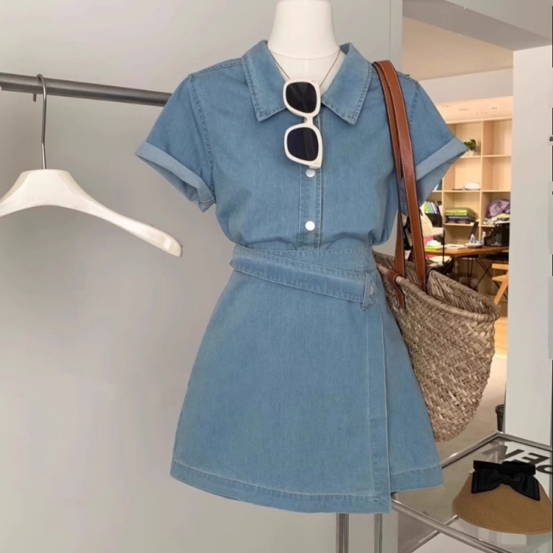 A Complete Set of Hong Kong Style Retro Polo Short-Sleeved Thin Denim Shirt Tops