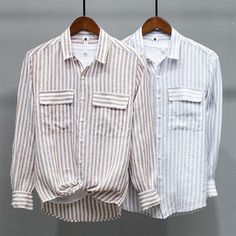 L848 spring and summer New Business pocket shirt men's youth casual cotton long sleeve striped shirt men's a generation of hair