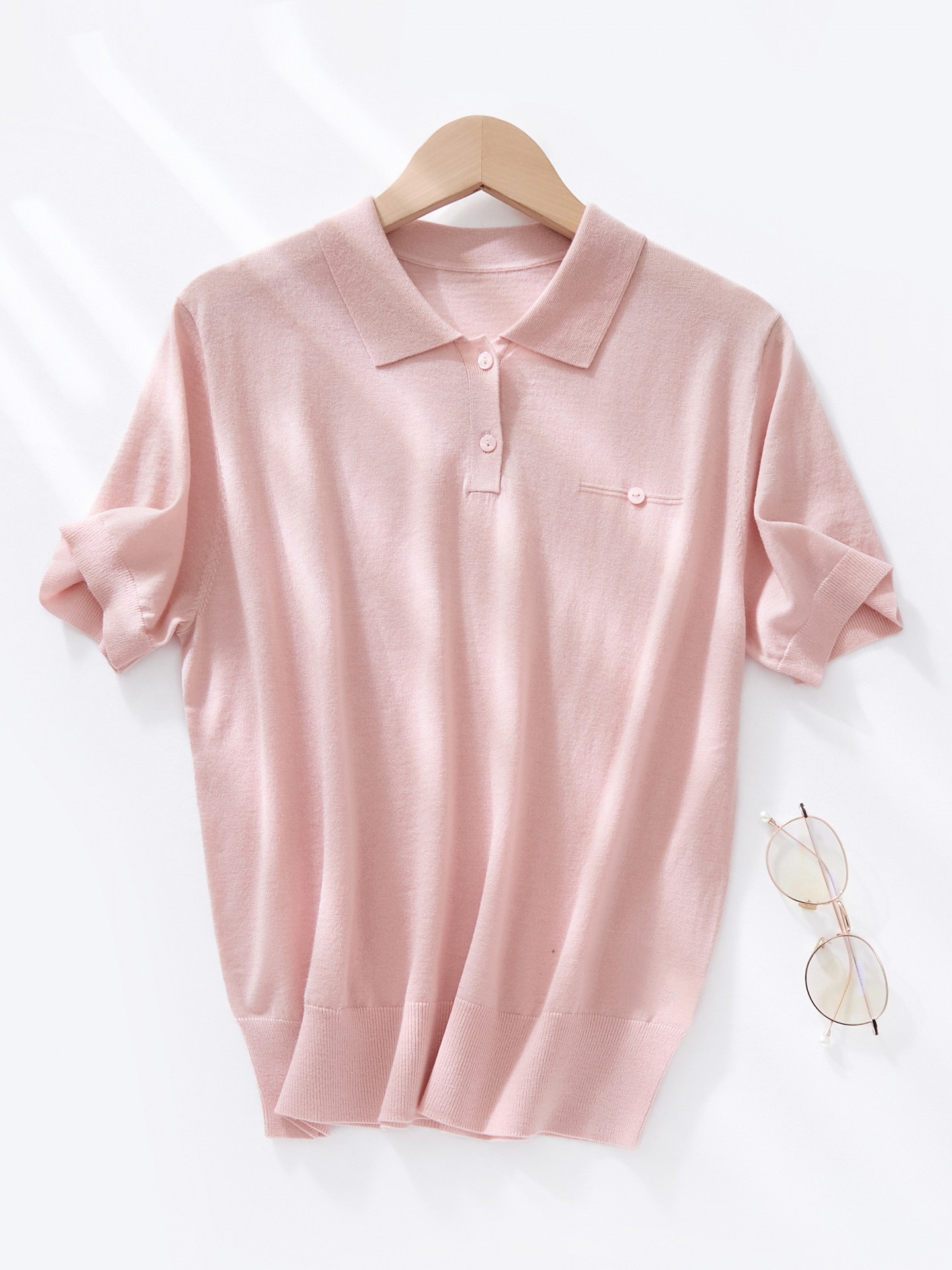 French Minimalist Style~Ultra-Fine Worsted Wool Knitwear Short-Sleeved Women's Polo Collar T-Shirt Half-Sleeved Casual Versatile Top