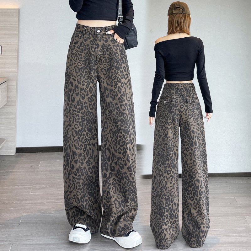 American-Style Leopard Print Work Pants Jeans for Women 2026 New High-Waisted Loose Slimming Straight-Leg Casual Pants Trendy