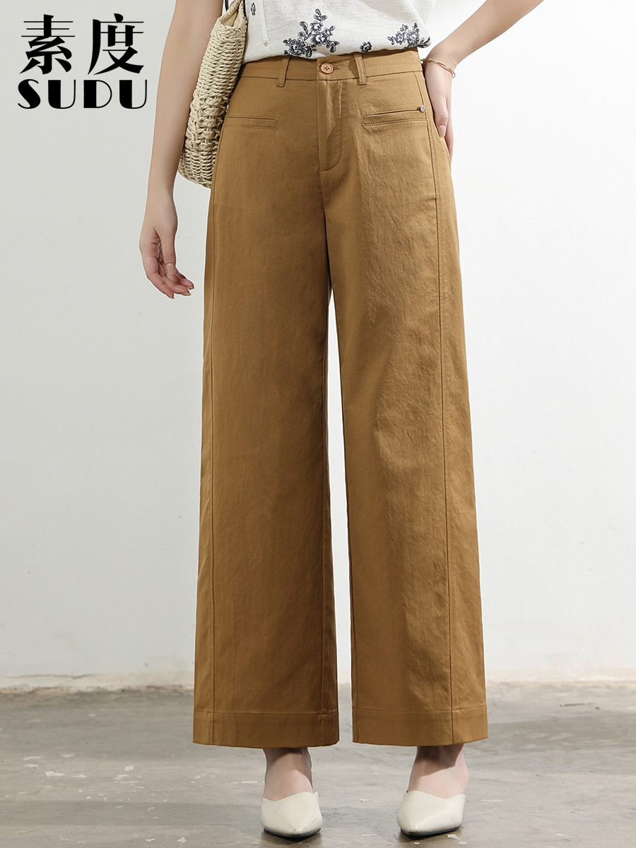 Sudu's New Summer Thin Linen-Cotton Straight-Leg Pants with 3D Patchwork, Slimming Effect, Elastic Waist, Casual Cropped Pants