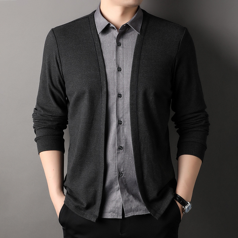 2026 Autumn New Men's Fake Two-Piece Shirt Collar T-Shirt Knitted Cardigan Casual Business Sweatshirt Jacket Men's Clothing